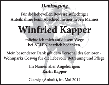 Traueranzeige von Winfried Kapper von Super Sonntag Wittenberg