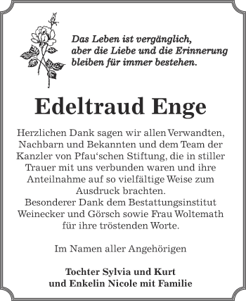 Traueranzeige von Edeltraud Enge von Super Sonntag Bernburg
