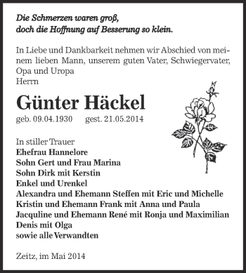 Traueranzeige von Günter Häckel von Super Sonntag Zeitz