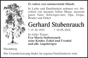 Traueranzeige von Gerhard Stubenrauch von WVG - Wochenspiegel NMB / WSF / ZTZ