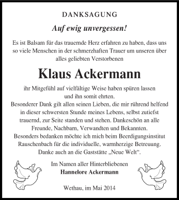 Traueranzeige von Klaus Ackermann von WVG - Wochenspiegel NMB / WSF / ZTZ