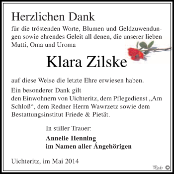 Traueranzeige von Klara Zilske von WVG - Wochenspiegel NMB / WSF / ZTZ