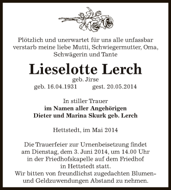 Traueranzeige von Lieselotte Lerch von Super Sonntag SGH Mansf. Land