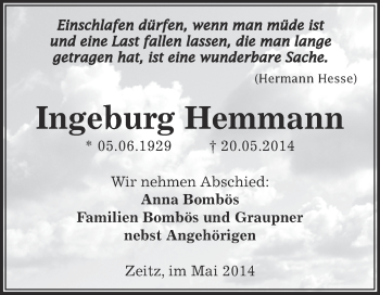 Traueranzeige von Ingeburg Hemmann von Super Sonntag Zeitz