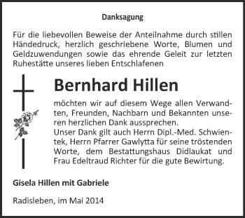 Traueranzeige von Bernhard Hillen von WVG - Wochenspiegel Quedlinburg