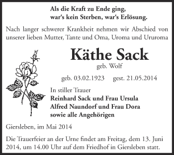 Traueranzeige von Käthe Sack von Super Sonntag Aschersleben