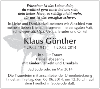 Traueranzeige von Klaus Günther von WVG - Wochenspiegel Quedlinburg