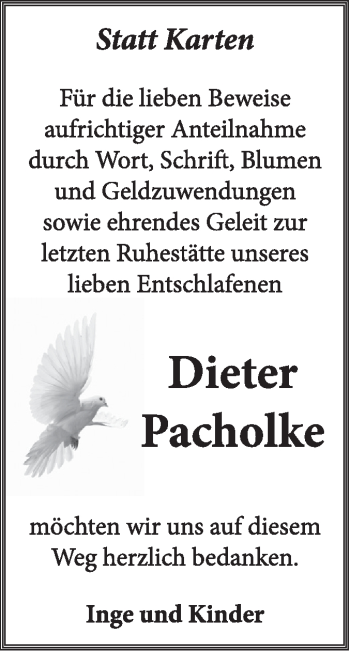 Traueranzeige von Dieter Pacholke von Super Sonntag Dessau / Köthen