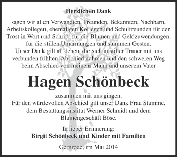 Traueranzeige von Hagen Schönbeck von WVG - Wochenspiegel Quedlinburg