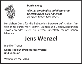 Traueranzeige von Jens Wenzel von WVG - Wochenspiegel NMB / WSF / ZTZ