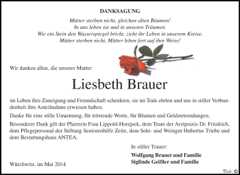 Traueranzeige von Liesbeth Brauer von Super Sonntag Zeitz