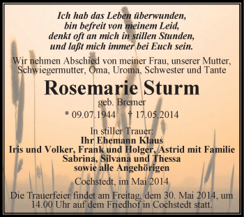 Traueranzeige von Rosemarie Sturm von Super Sonntag Aschersleben