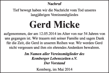 Traueranzeige von Gerd Micke von Super Sonntag Wittenberg