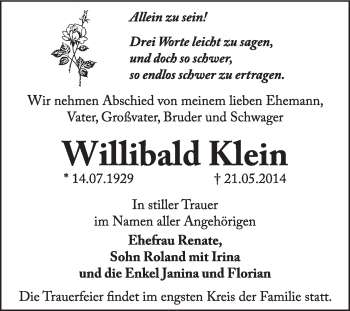 Traueranzeige von Willibald Klein von Super Sonntag Dessau / Köthen