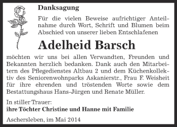 Traueranzeige von Adelheid Barsch von Super Sonntag Aschersleben