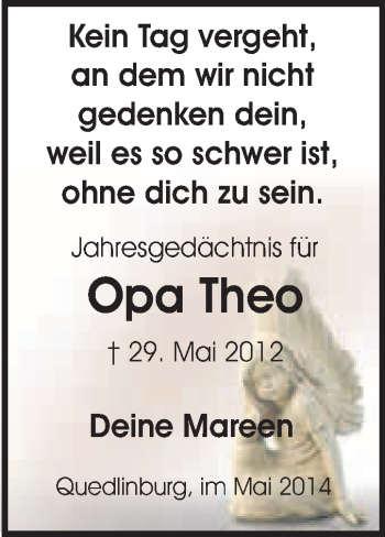 Traueranzeige von Theo  von WVG - Wochenspiegel Quedlinburg