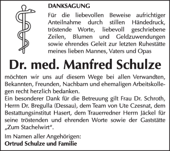 Traueranzeige von Manfred Schulze von Super Sonntag Wittenberg