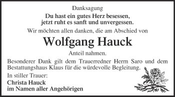 Traueranzeige von Wolfgang Hauck von WVG - Wochenspiegel NMB / WSF / ZTZ