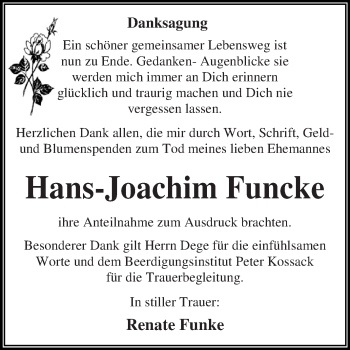 Traueranzeige von Hans-Joachim Funcke von WVG - Wochenspiegel Dessau / Köthen