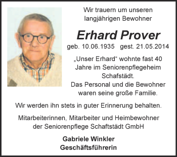 Traueranzeige von Erhard Prover von WVG - Wochenspiegel Merseburg