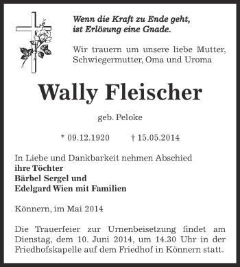 Traueranzeige von Wally Fleischer von Super Sonntag Bernburg