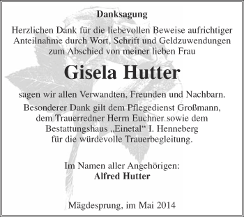 Traueranzeige von Gisela Hutter von Super Sonntag Quedlinburg