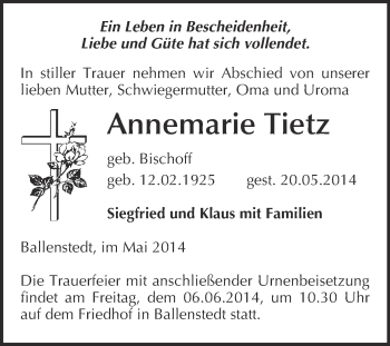 Traueranzeige von Annemarie Tietz von WVG - Wochenspiegel Quedlinburg