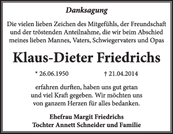 Traueranzeige von Klaus-Dieter Friedrichs von Super Sonntag Dessau / Köthen