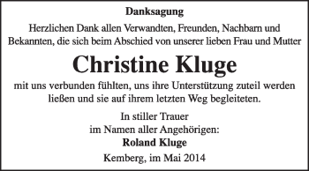 Traueranzeige von Christine Kluge von WVG - Wochenspiegel Wittenberg