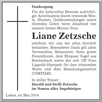 Traueranzeige von Liane Zetzsche von Super Sonntag Zeitz