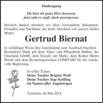 Traueranzeige von Gertrud Biernat von WVG - Wochenspiegel NMB / WSF / ZTZ
