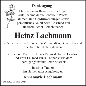 Traueranzeige von Heinz Lachmann von WVG - Wochenspiegel Dessau / Köthen