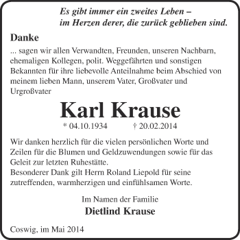 Traueranzeige von Karl Krause von WVG - Wochenspiegel Dessau / Köthen