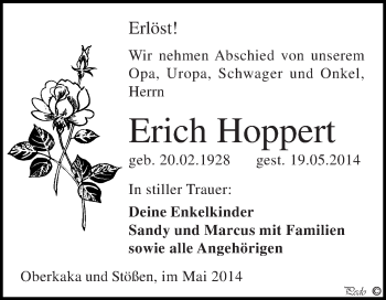 Traueranzeige von Erich Hoppert von Super Sonntag Zeitz