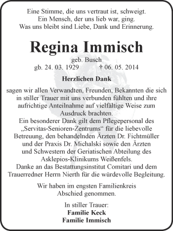 Traueranzeige von Regina Immisch von WVG - Wochenspiegel NMB / WSF / ZTZ
