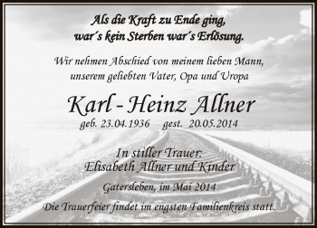 Traueranzeige von Karl-Heinz Allner von Super Sonntag Aschersleben