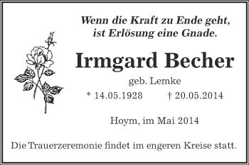 Traueranzeige von Irmgard Becher von Super Sonntag Aschersleben