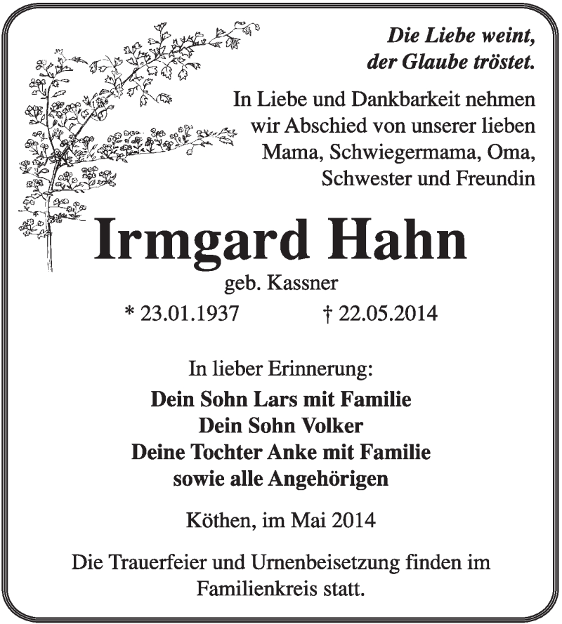  Traueranzeige für Irmgard Hahn vom 25.05.2014 aus Super Sonntag Dessau / Köthen
