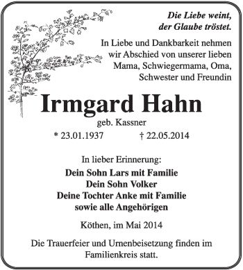 Traueranzeige von Irmgard Hahn von Super Sonntag Dessau / Köthen