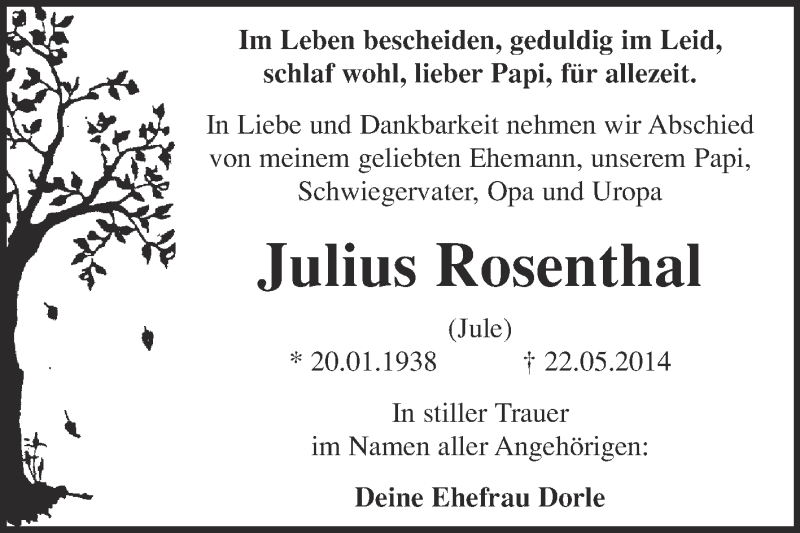  Traueranzeige für Julius Rosenthal vom 25.05.2014 aus WVG - Wochenspiegel Quedlinburg