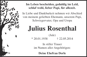 Traueranzeige von Julius Rosenthal von WVG - Wochenspiegel Quedlinburg