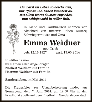 Traueranzeige von Emma Weidner von Super Sonntag SGH Mansf. Land