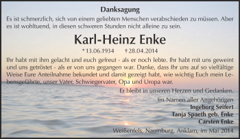 Traueranzeige von Karl-Heinz Enke von WVG - Wochenspiegel NMB / WSF / ZTZ