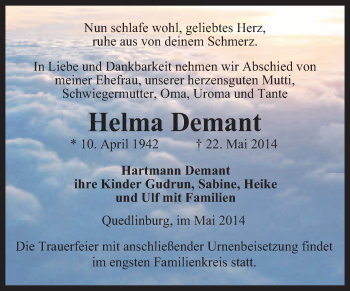 Traueranzeige von Helma Demant von Super Sonntag Quedlinburg