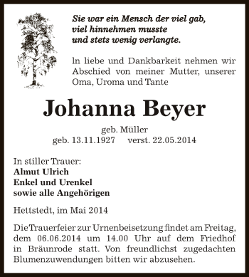 Traueranzeige von Johanna Beyer von Wochenspiegel Mansfelder Land