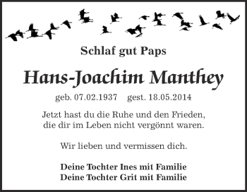 Traueranzeige von Hans-Joachim Manthey von WVG - Wochenspiegel Aschersleben