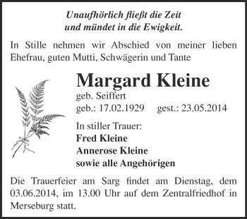 Traueranzeige von Margard Kleine von Super Sonntag Merseburg