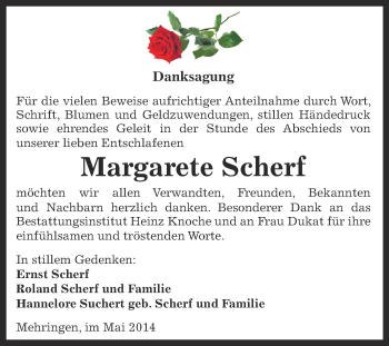 Traueranzeige von Margarete Scherf von WVG - Wochenspiegel Aschersleben