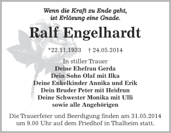 Traueranzeige von Ralf Engelhardt von WVG - Wochenspiegel Bitterfeld