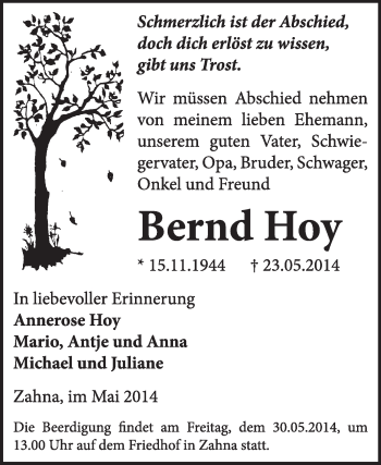 Traueranzeige von Bernd Hoy von Super Sonntag Wittenberg